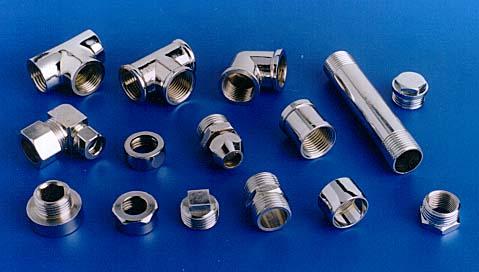 Chrome plated C.P. Brass Sanitary CP Nickel plated plumbing and bathroom Fittings .We offer Brass barrel Nipples, extension pieces extensions 3 piece connectors square Brass plugs sockets Polished Brass nipples sockets reducers tees compression fittings hex plugs hexagon bushes Hex Brass German nuts water mixer Brass nipples parts We are largest Indian manufacturer supplier exporter and producer of these Brass plumbing pipe sanitary bathroom fittings nipple and accessories . (from Jamnagar INDIA) We offer Brass moulding - Molding nuts inserts in NPT BSPT for UPVC drainage and sewerage fittings as well.